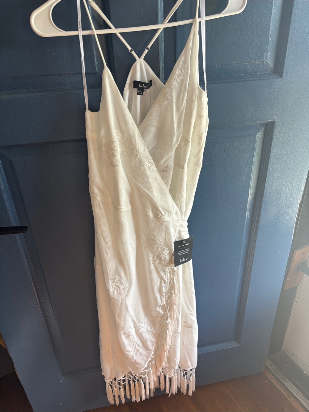 Lulu's White Spaghetti Strap Wrap Dress with Fringe